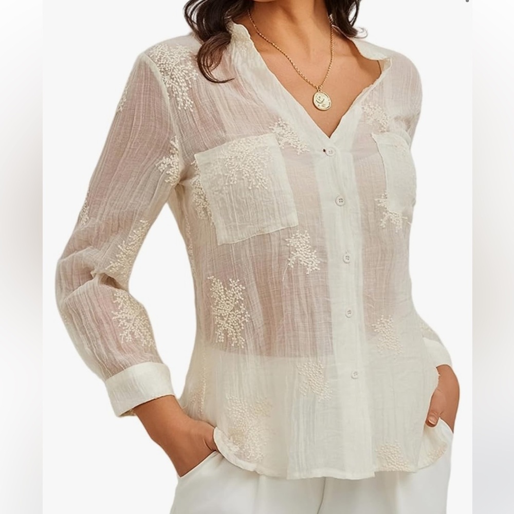 Peach Long Sleeve Sheer Floral Embroidered Button Down Blouse Boho V Neck Ivory